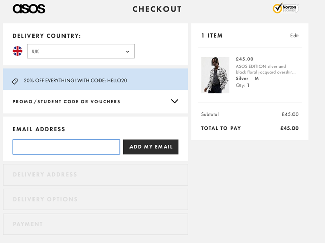 A screenshot of the Asos website showing the checkout