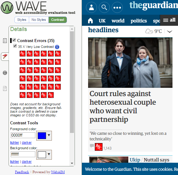 A mobile screenshot of the Guardian website with the WAVE accessibility tool assessing contrast errors on the right hand side. 