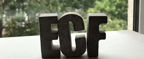 Models of the letters E, C, and F, standing on a windowsill. ECF is an acronym for Early Career Framework.