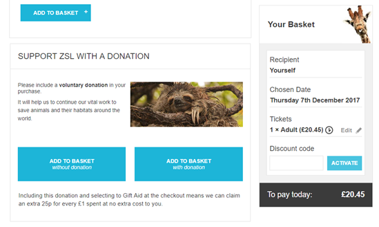 A screenshot of the London Zoo website showing the donation options