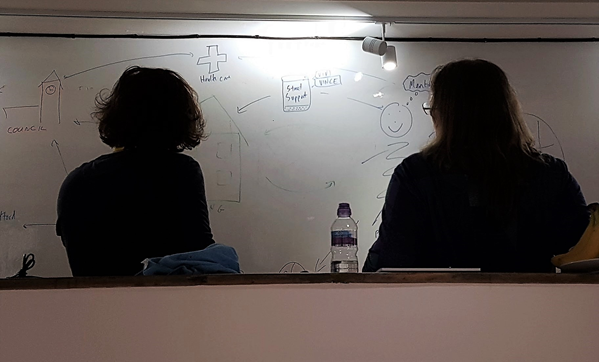Silhouettes of two people with their backs to the camera, stood in front of a whiteboard. 