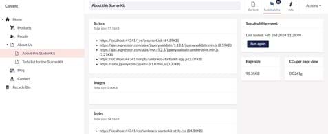 A screenshot of the Umbraco back office where a sustainability tab can be seen, reporting page size and CO2 output per page