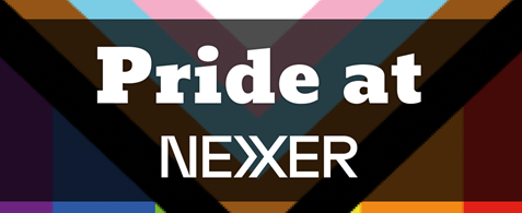 A square card reading "Pride at Nexer". A rainbow is behind the text, and it sits next to the Nexer logo.