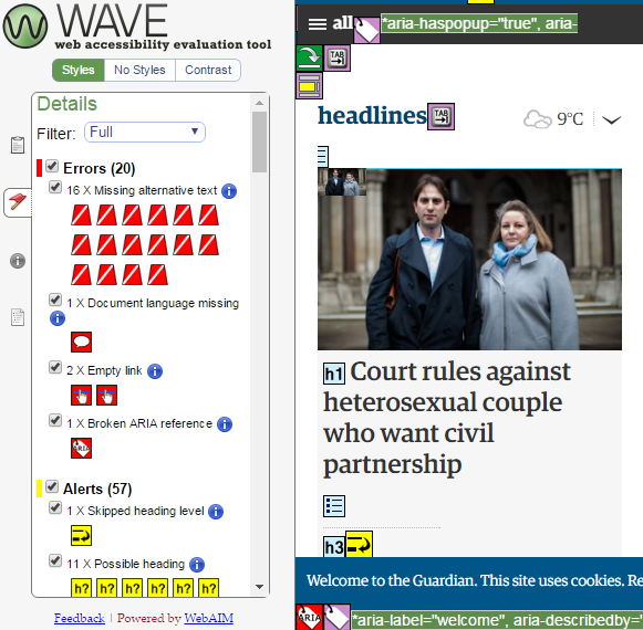 A screenshot of the WAVE programme's analysis of the Guardian website