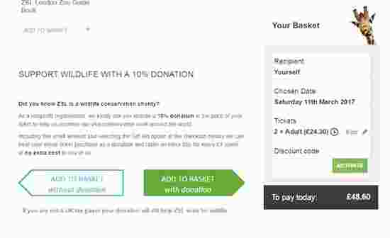 A screenshot of the London Zoo website showing the donation shopping basket
