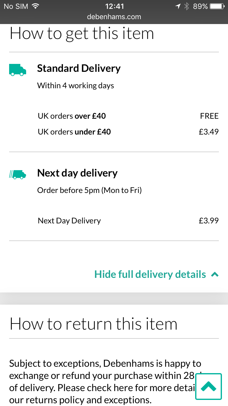 Debenhams delivery details clearly sectioned.