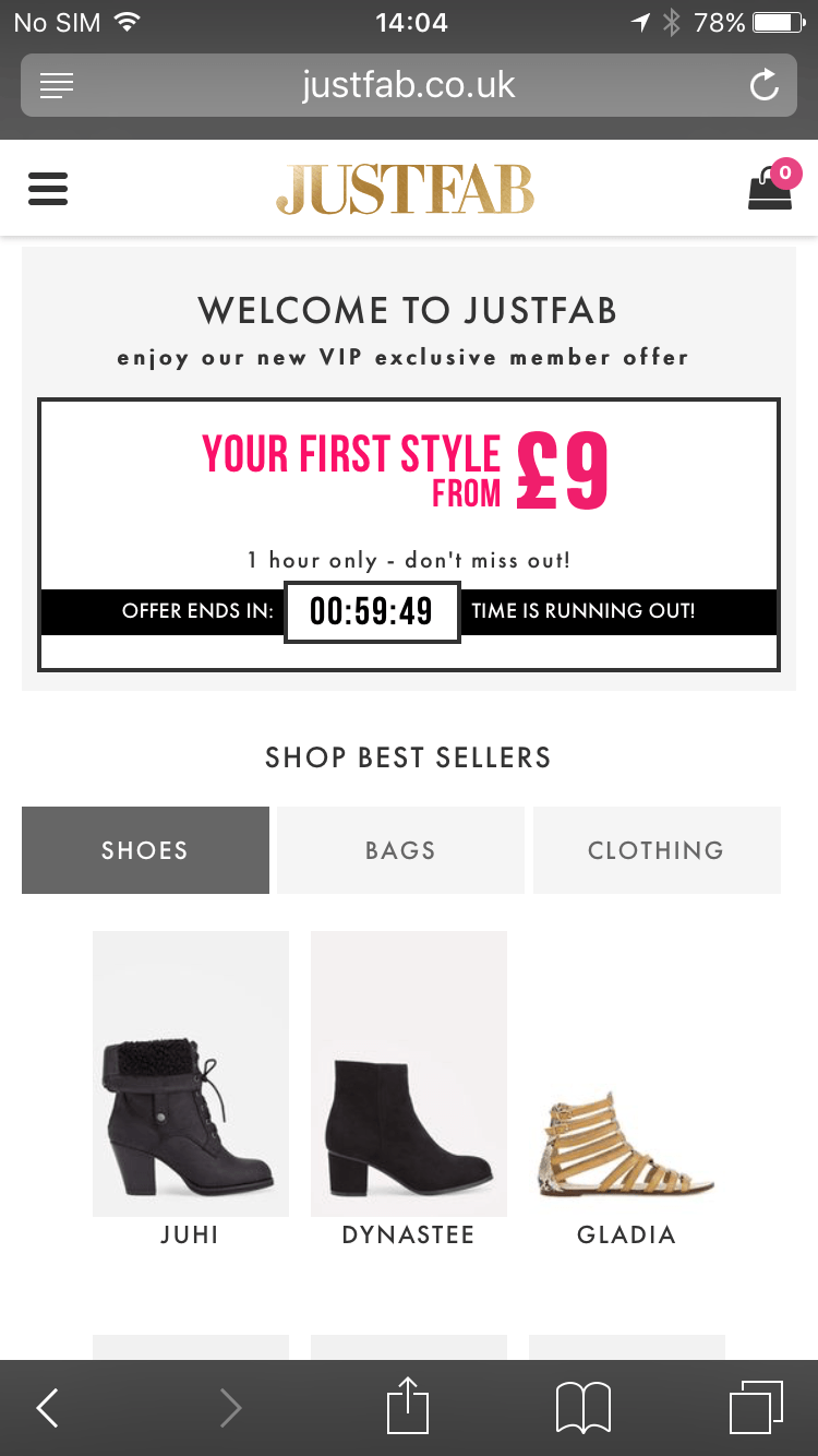 JustFab have a timer on new account users