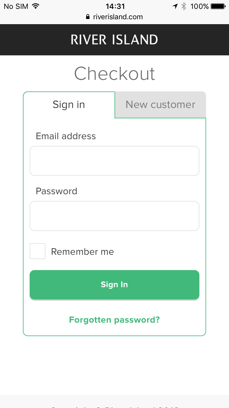 River Island checkout page, with mandatory account sign in.