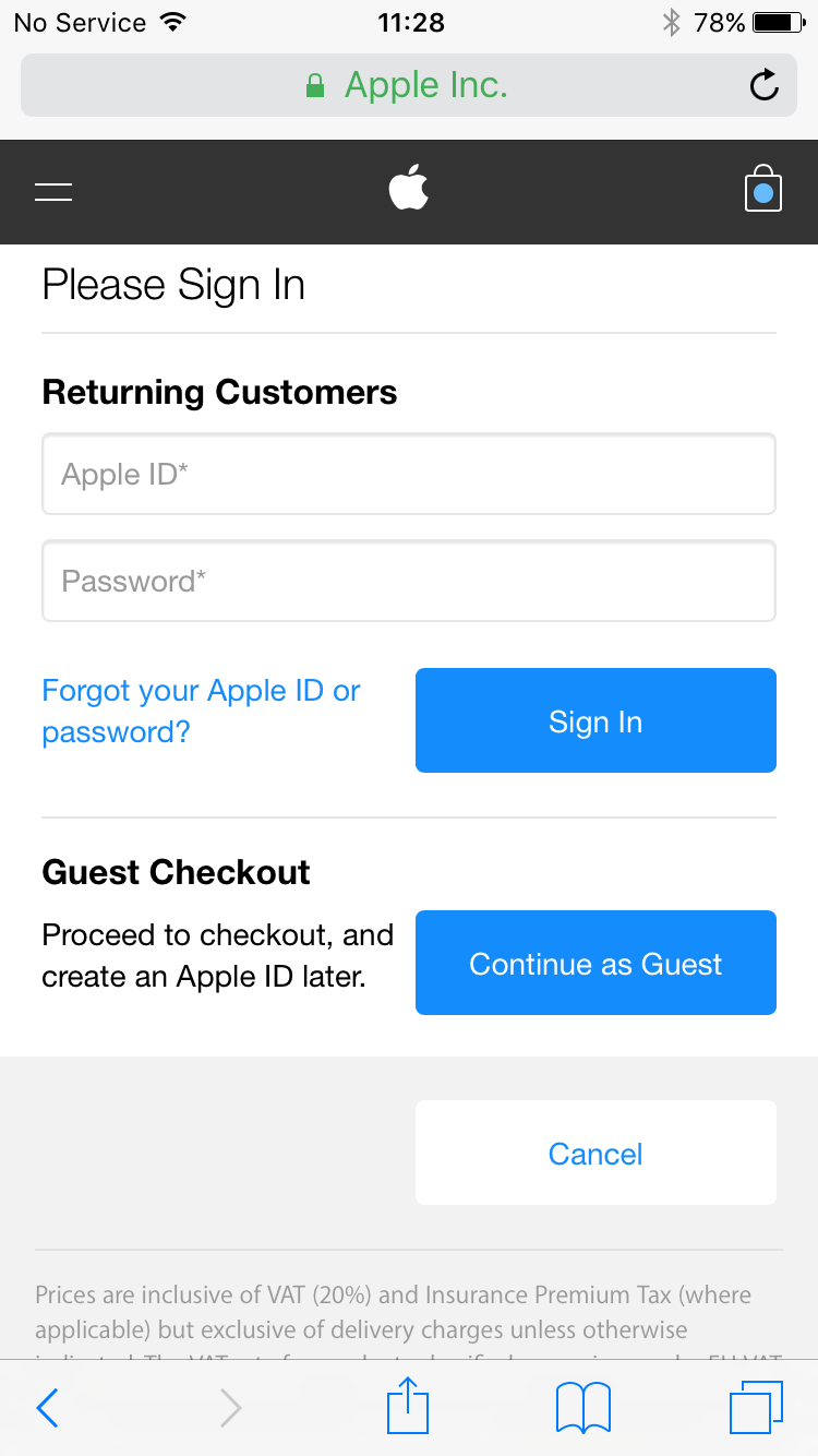 Apple checkout with guest pass option.