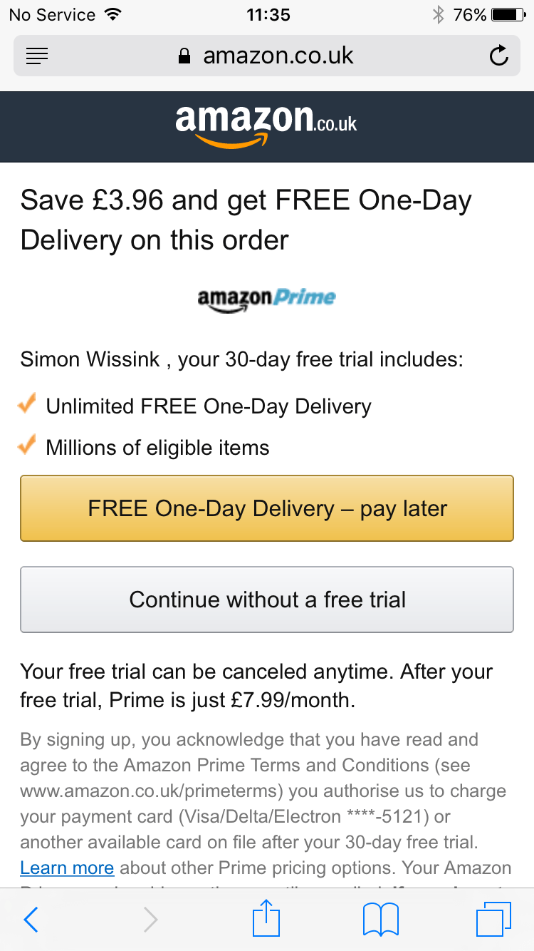 Amazon checkout process with free delivery offer.
